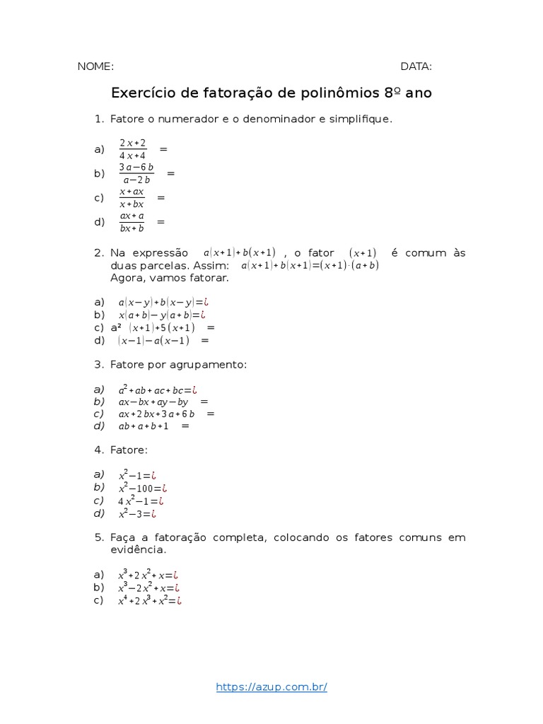 PDF Exercício de Fatoração de Polinômios 8º Ano | PDF
