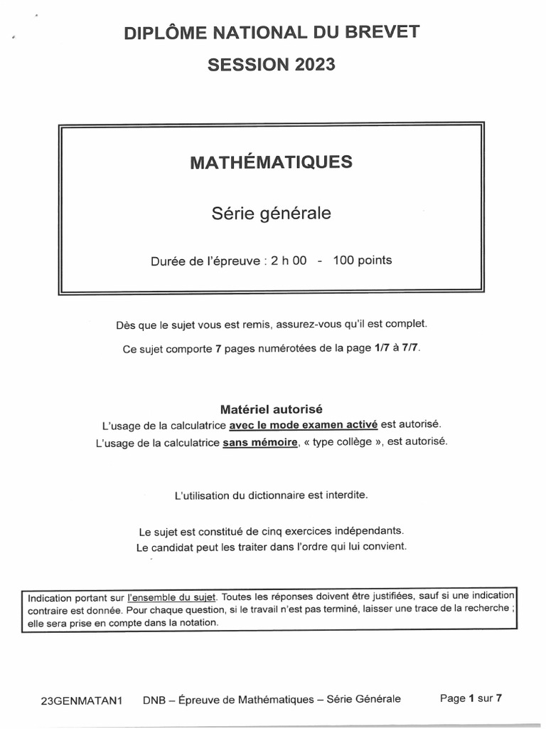 Brevet Washington Maths 2023 PDF
