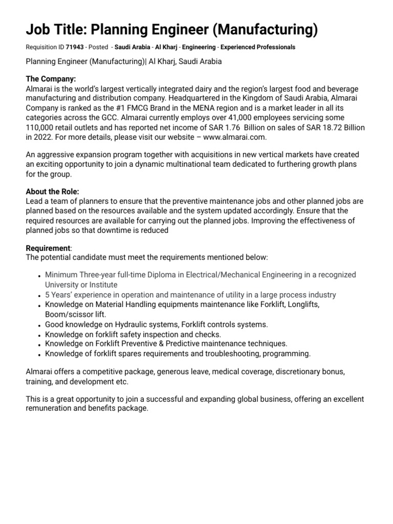 Almarai Planning Manager Job Description Print Preview PDF