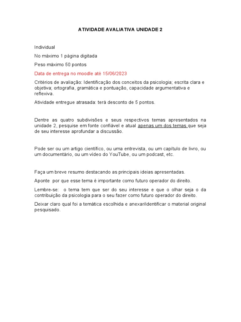 2 Atividade Avaliativa Unidade 2 | PDF | Carreira e Crescimento