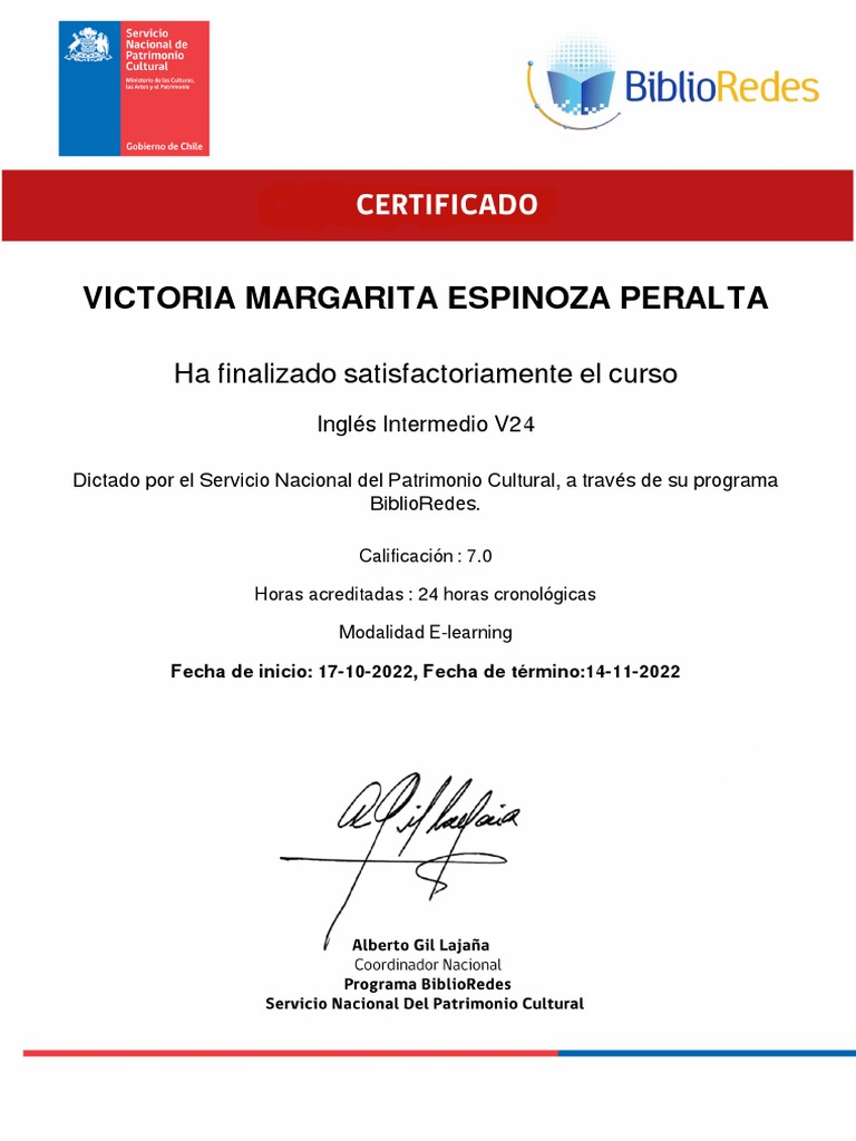 II - 2022 - V24 - Certificado de Curso Inglés Intermedio | PDF