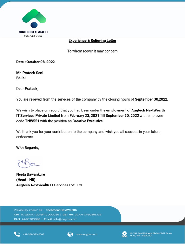 Experience Letter Prateek Soni PDF