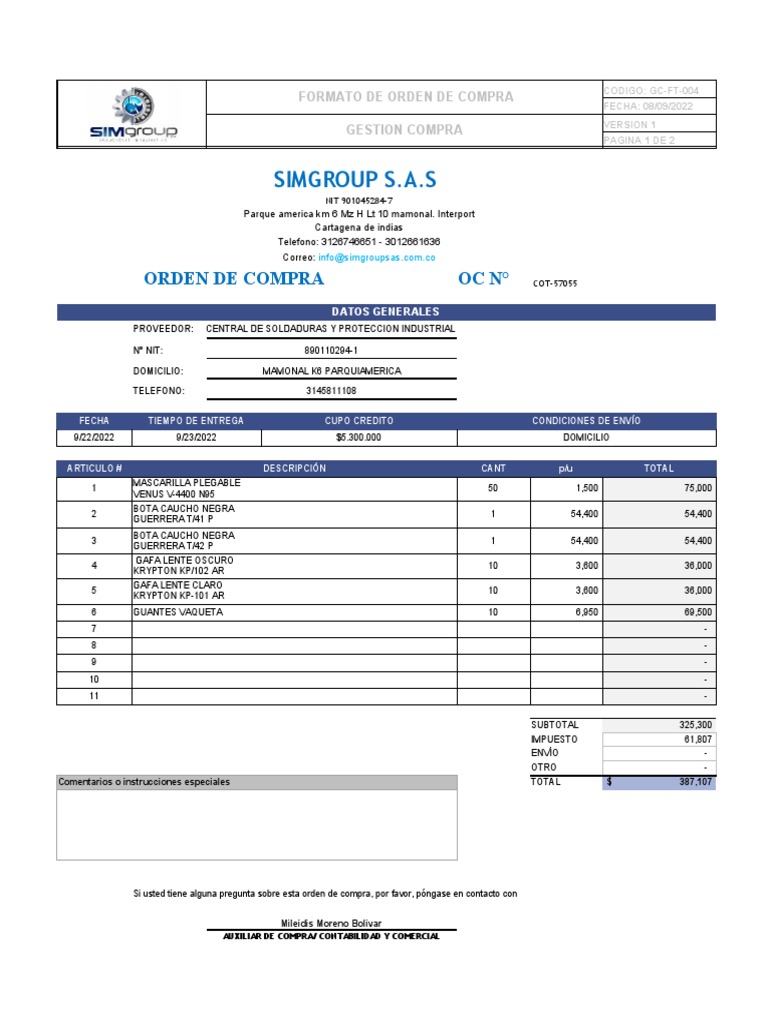 Formato Orden de Compra Simgroup S.A.S | PDF