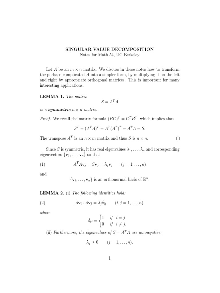 Lecture Notes On SVD For Math 54 | PDF | Eigenvalues And Eigenvectors ...