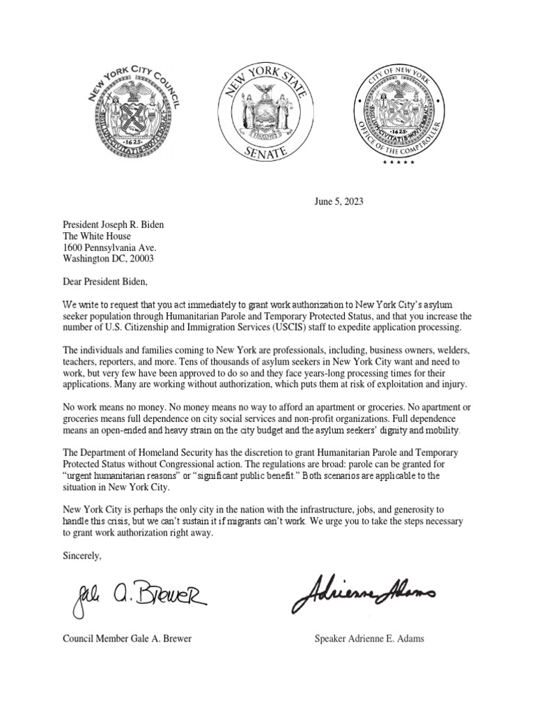 Letter To President Biden Regarding Asylum Seekers Work Authorization ...