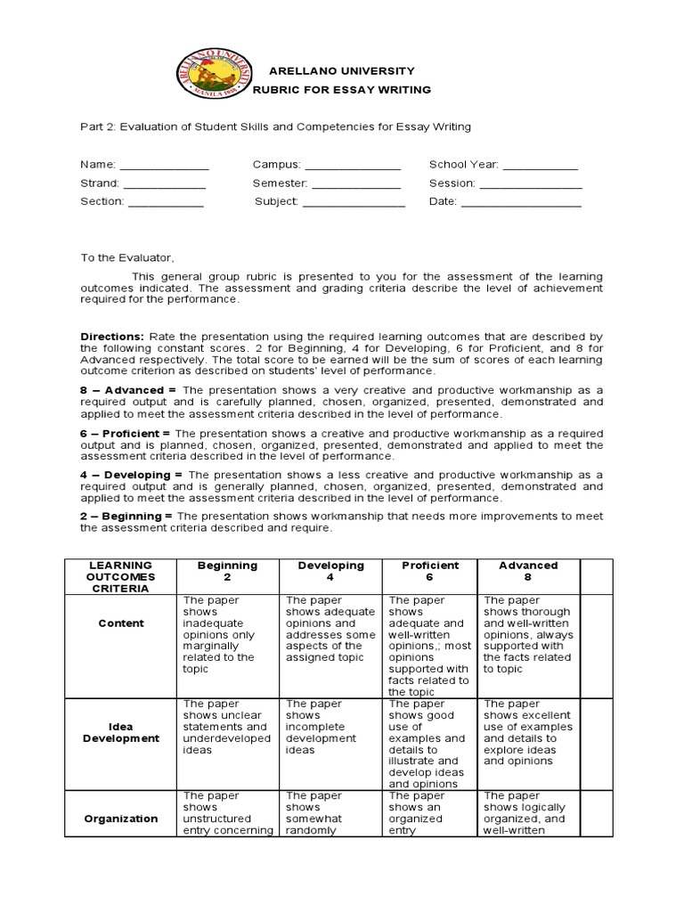 Rubrics in Essay Writing | PDF | Rubric (Academic) | Grammar
