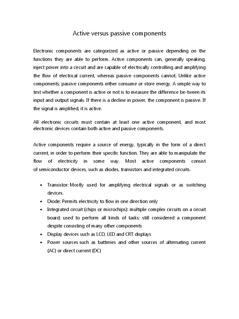 Active Versus Passive Components PDF Electronic Component