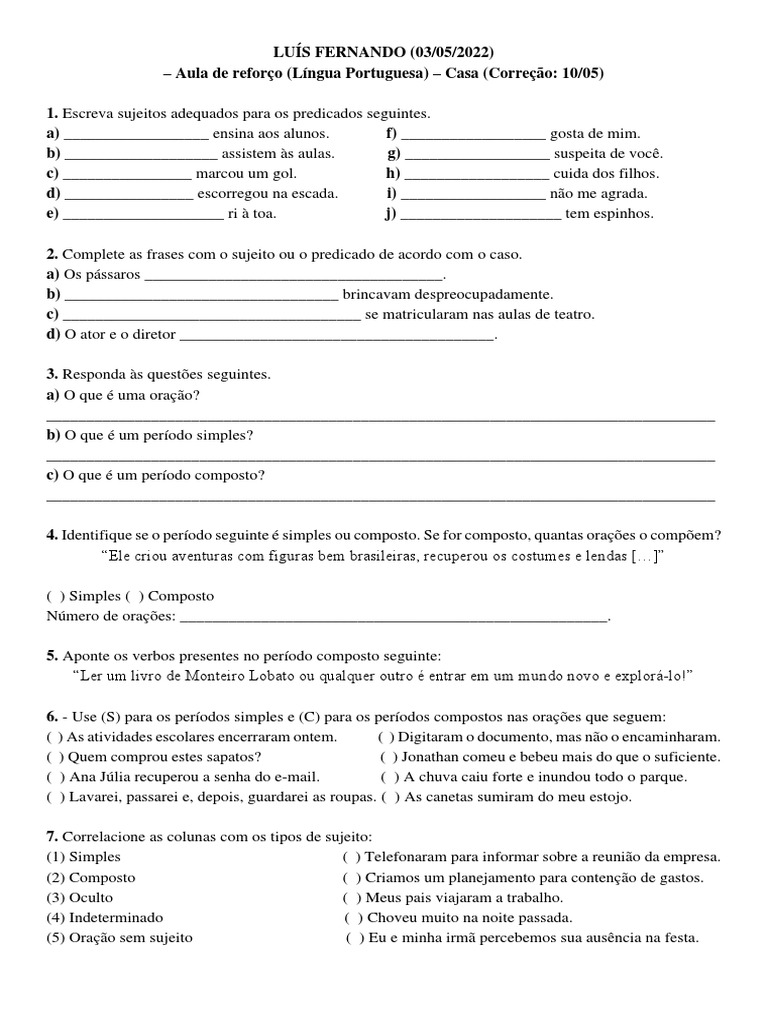 1.2. Atividade - Tipos de Sujeito e Período Simples e Composto | PDF ...