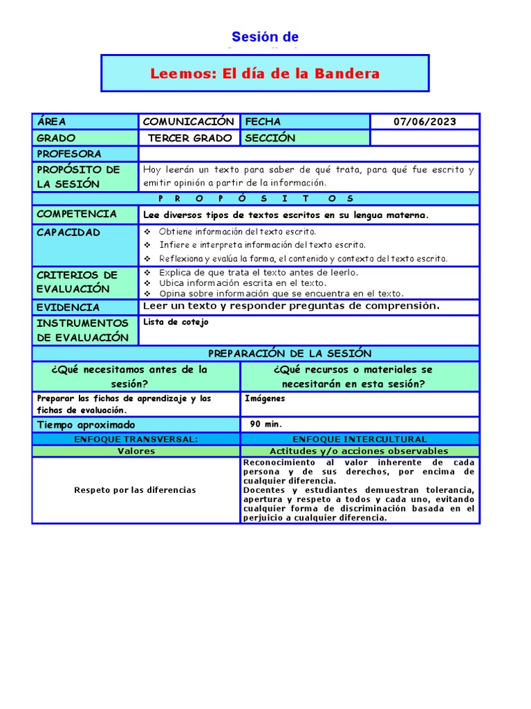 Sesion Leemos El Dia de La Bandera | PDF | Crecimiento personal y ...