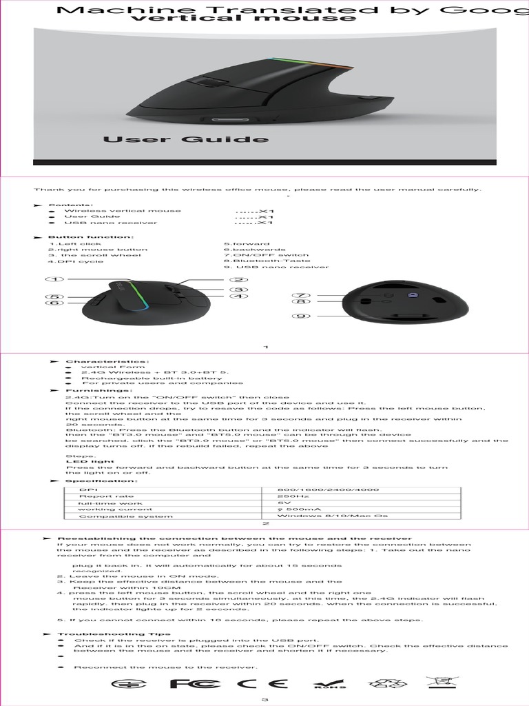 Wireless Vertical Mouse User Guide | PDF | Usb | Button (Computing)