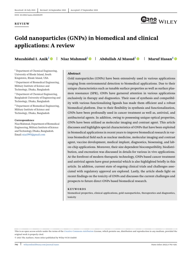 Nano Select - 2021 - Anik - Gold Nanoparticles GNPs in Biomedical and ...