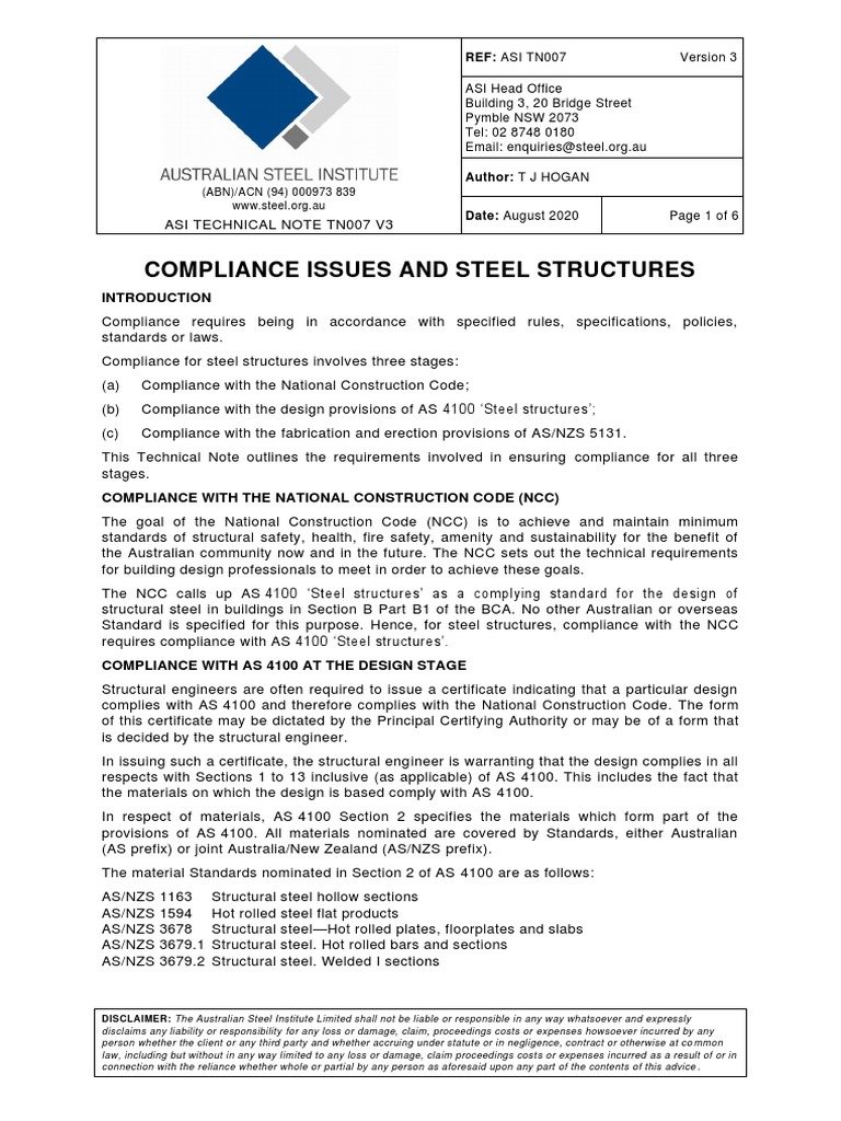Compliance Issues and Steel Structures: (ABN) /ACN (94) 000973 839 ...