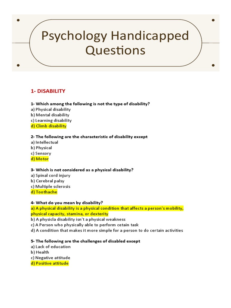 Disability Quiz Questions and Answers | PDF | Mental Disorder | Hearing ...
