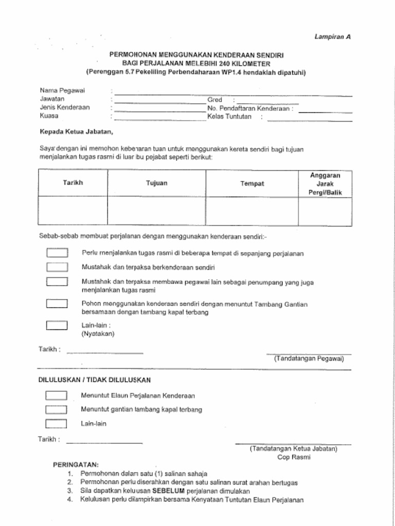 LAMPIRAN A - Surat Kelulusan Menggunakan Kenderaan Sendiri 240km | PDF