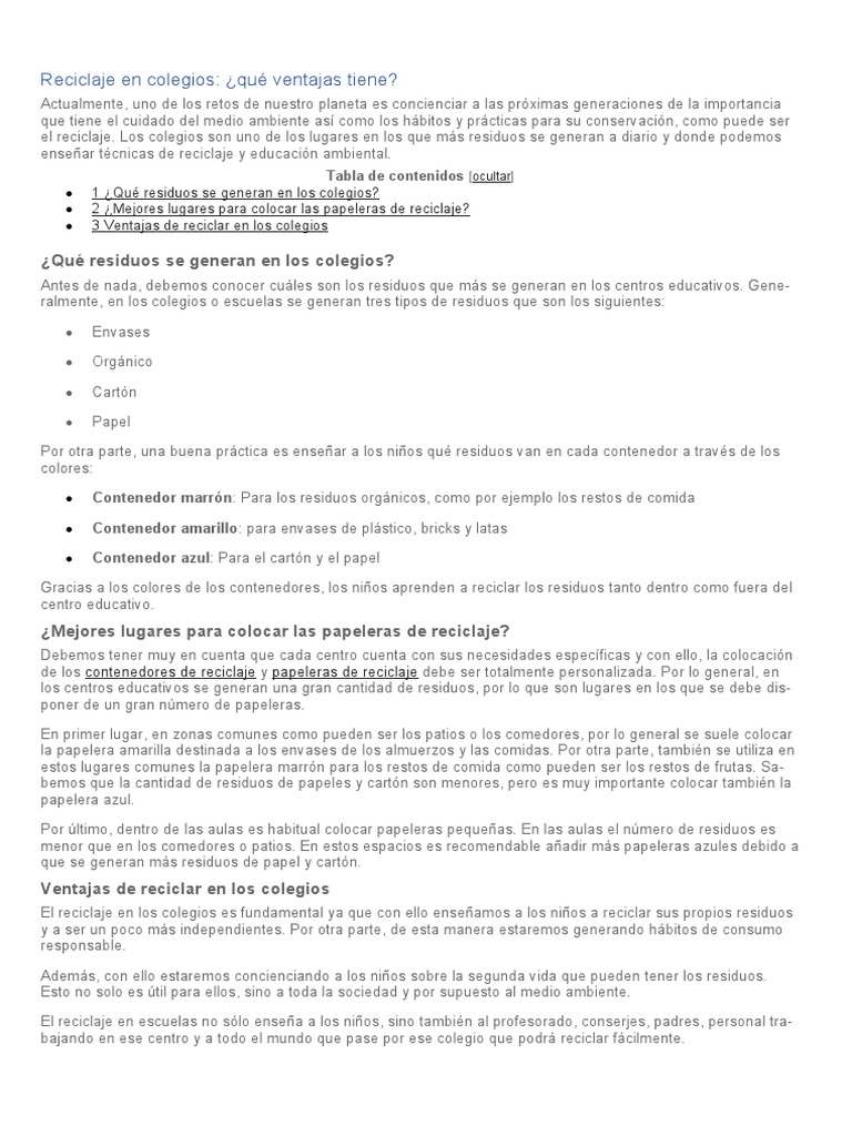 Ventajas del reciclaje en colegios | PDF | Reciclaje | Residuos