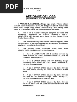Affidavit of Loss Sales Invoices