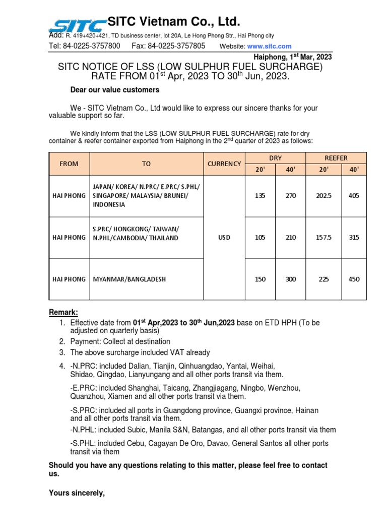 SITC NOTICE OF LSS (LOW SULPHUR FUEL SURCHARGE) RATE FROM 01st Apr 2022