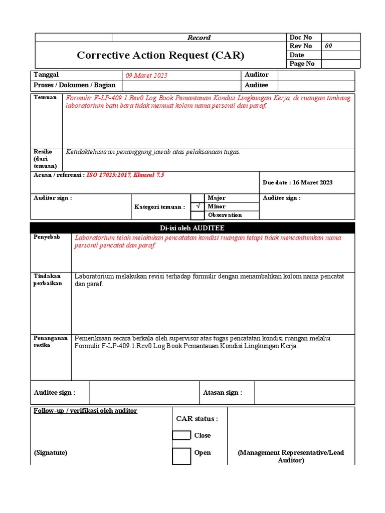 Corrective Action Request (CAR) : Doc No Rev No Date Page No Tanggal ...