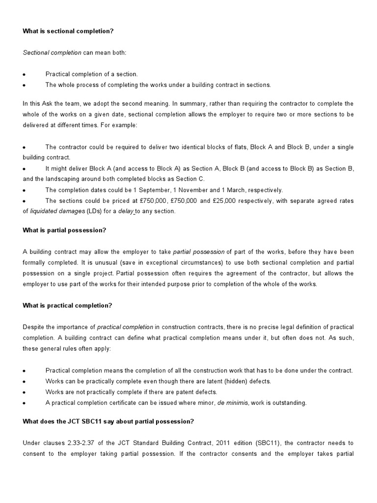 What Is Sectional Completion PDF Employment Common Law
