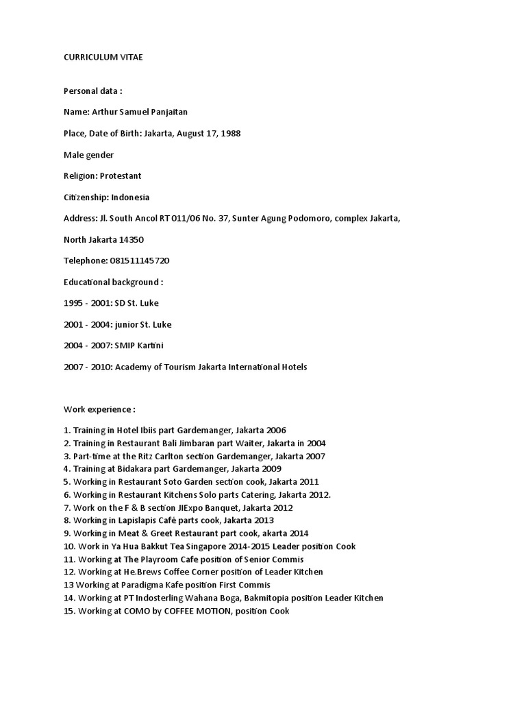 Arthur Samuel Panjaitan CV | PDF | Business | Cooking, Food & Wine