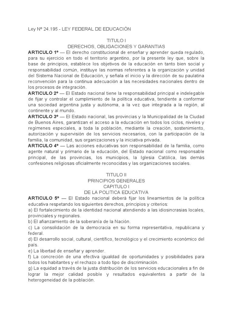 Ley Federal de Educación - Selección | PDF | Educación de la primera ...