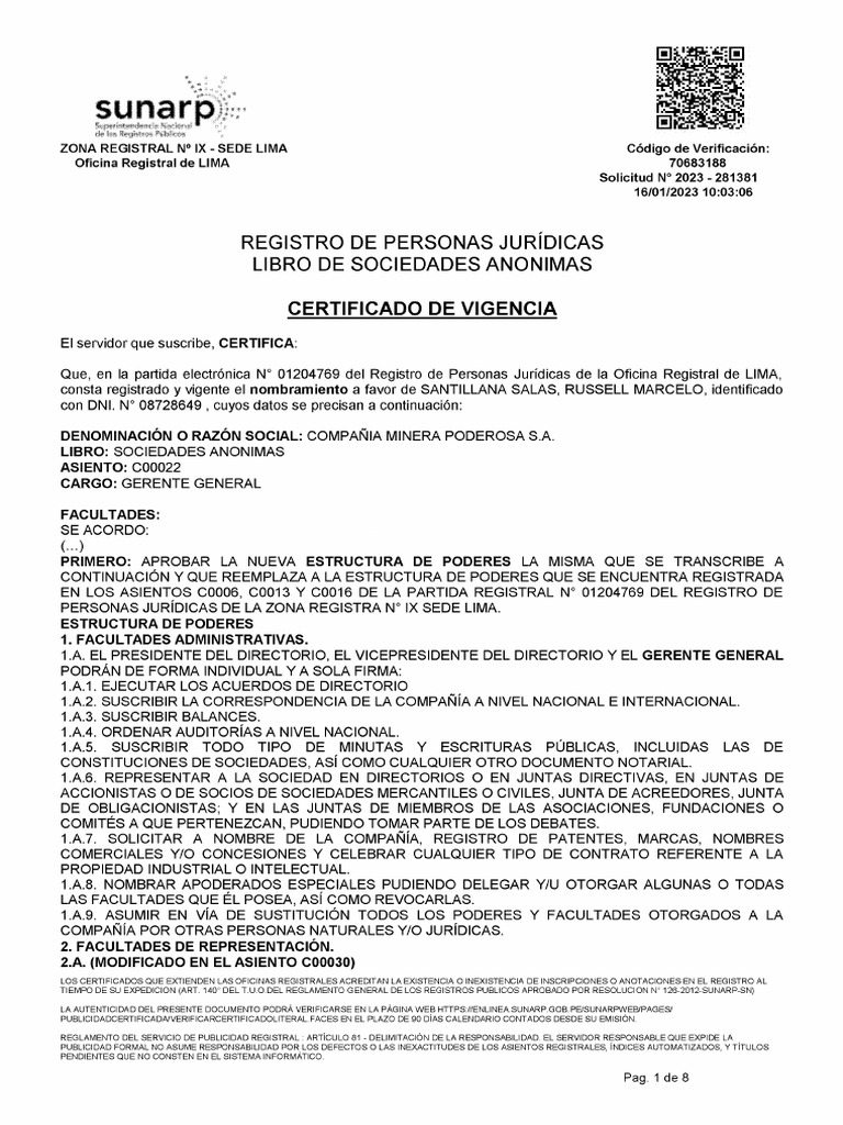 Certificado de Vigencia de Poder Del Representante Legal PDF
