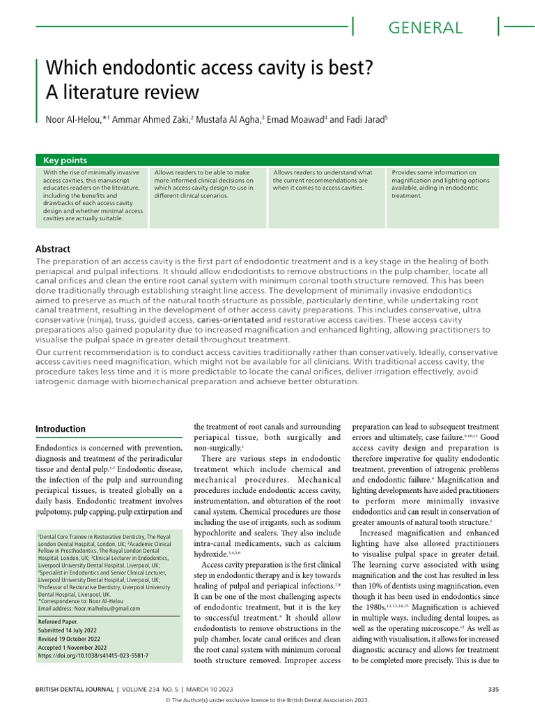 Which Endodontic Access Cavity Is Best? A Literature Review General PDF Dentistry Health