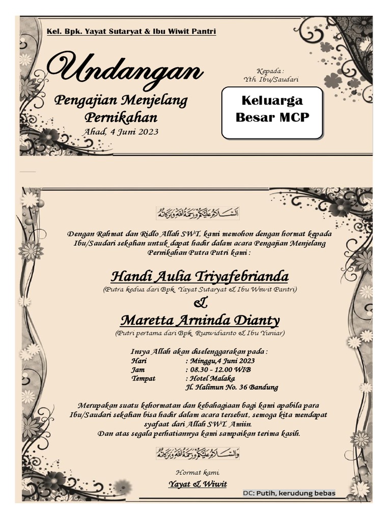 Undangan Pengajian Menjelang Pernikahan Kel Besar MCP | PDF