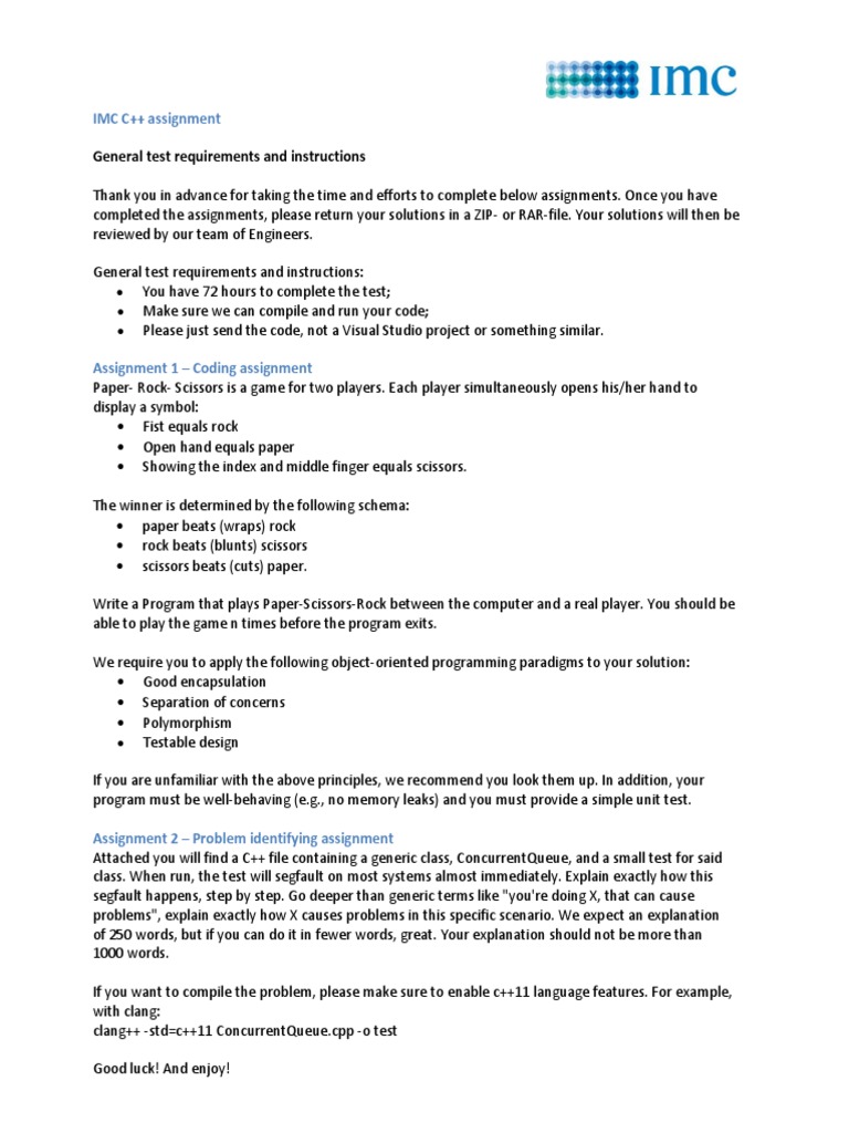 IMC C++ Coding Assessment Instructions | PDF | Teaching Methods & Materials