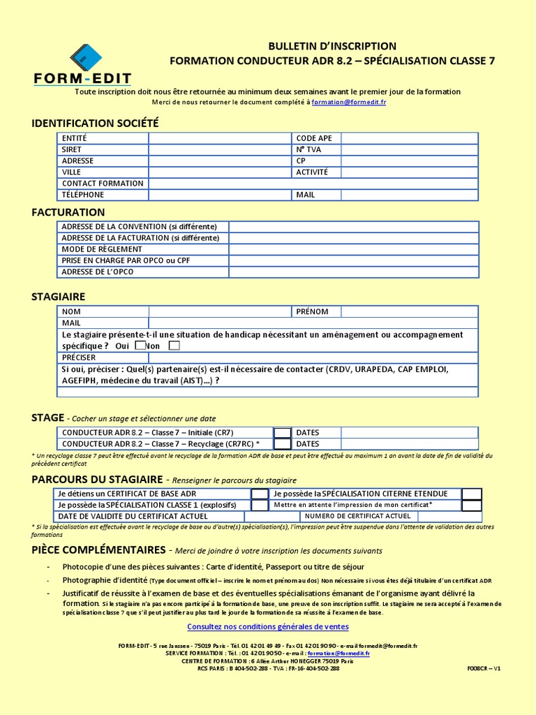 Inscription Formation ADR Classe 7 | PDF