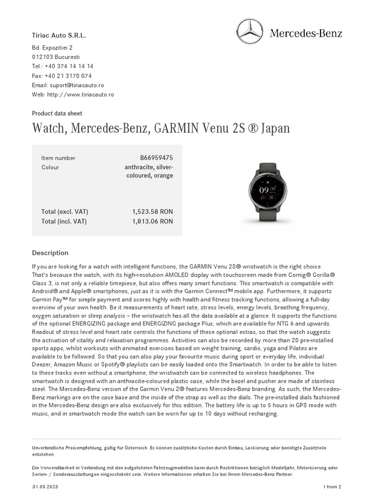 ODUS Product Data Sheet Watch Mercedes Benz GARMIN Venu