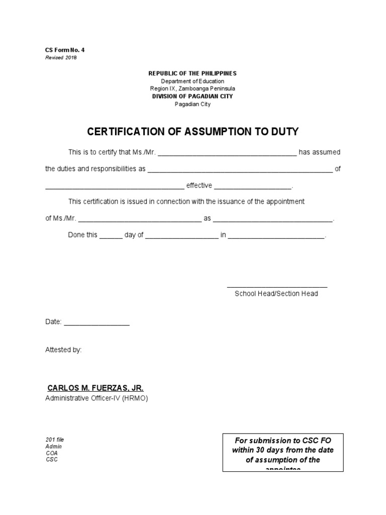 CS Form No. 4 Certificate of Assumption To Duty | PDF