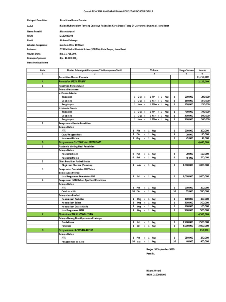 CONTOH RAB Penelitian Hisam Dosen Pemula 2 | PDF