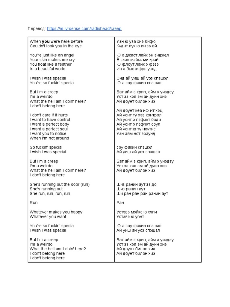Текст Radiohead Creep PDF