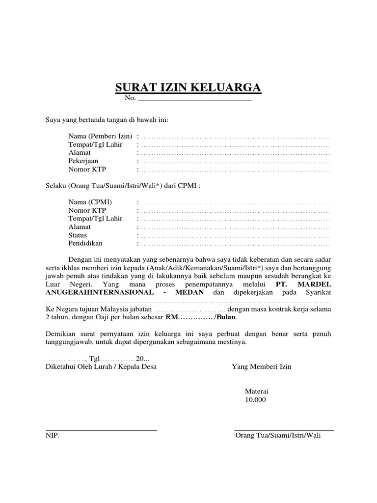 Surat Izin Keluarga Tanpa Kop | PDF
