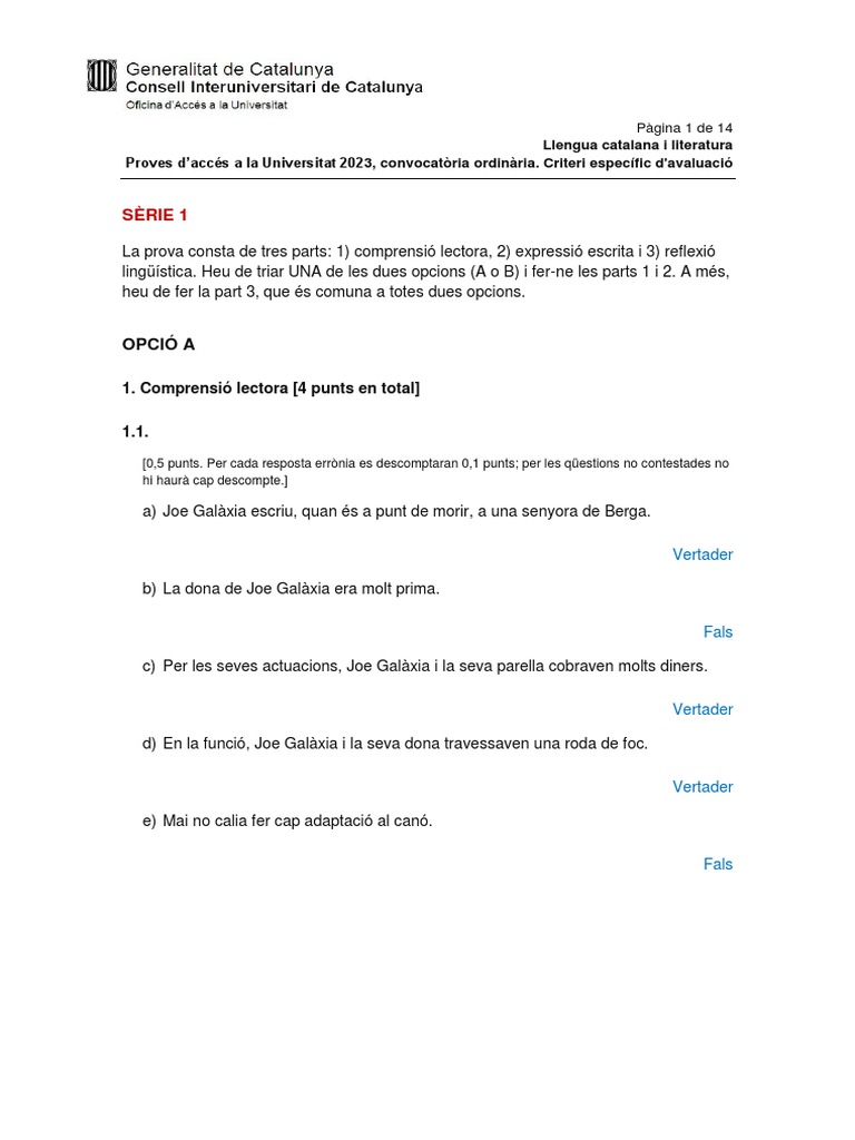 Correcció de L'examen de Català de La Selectivitat 2023 | PDF