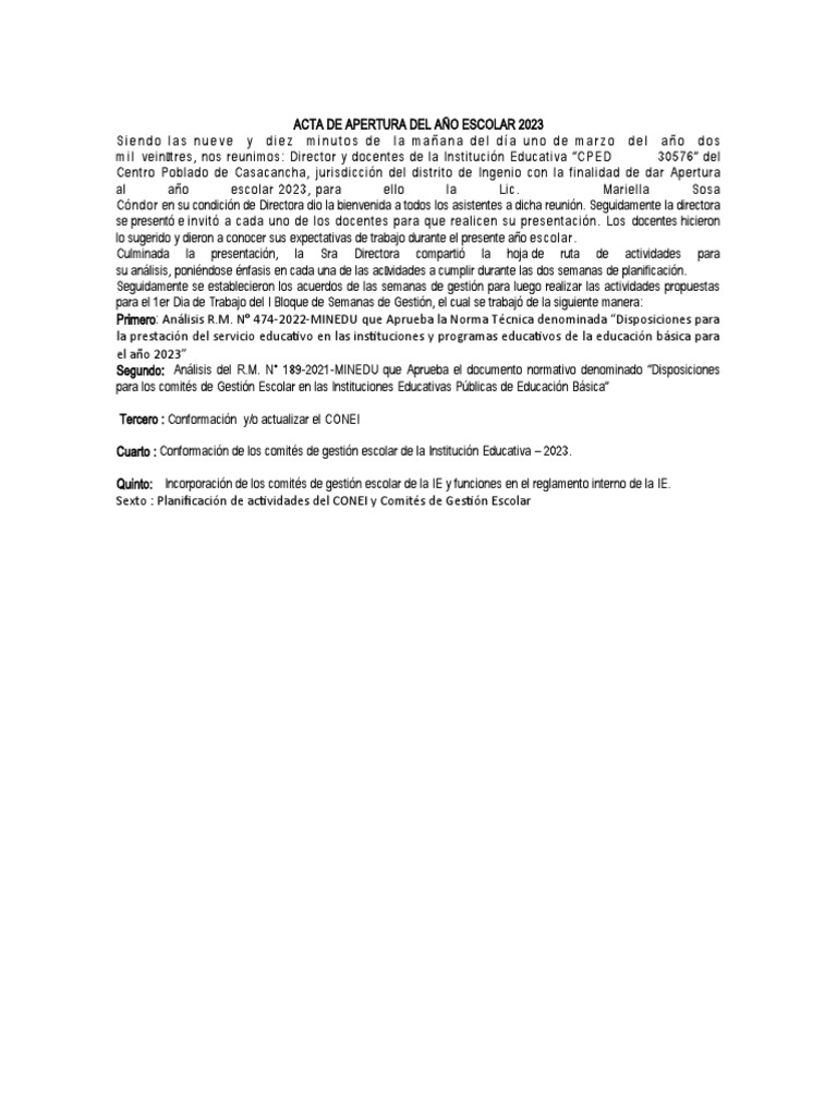 Acta de Apertura Del Año Escolar 2023 | PDF