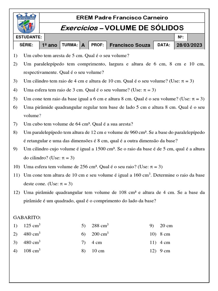 Exercícios - Volumes de Sólidos - 1ºA | PDF
