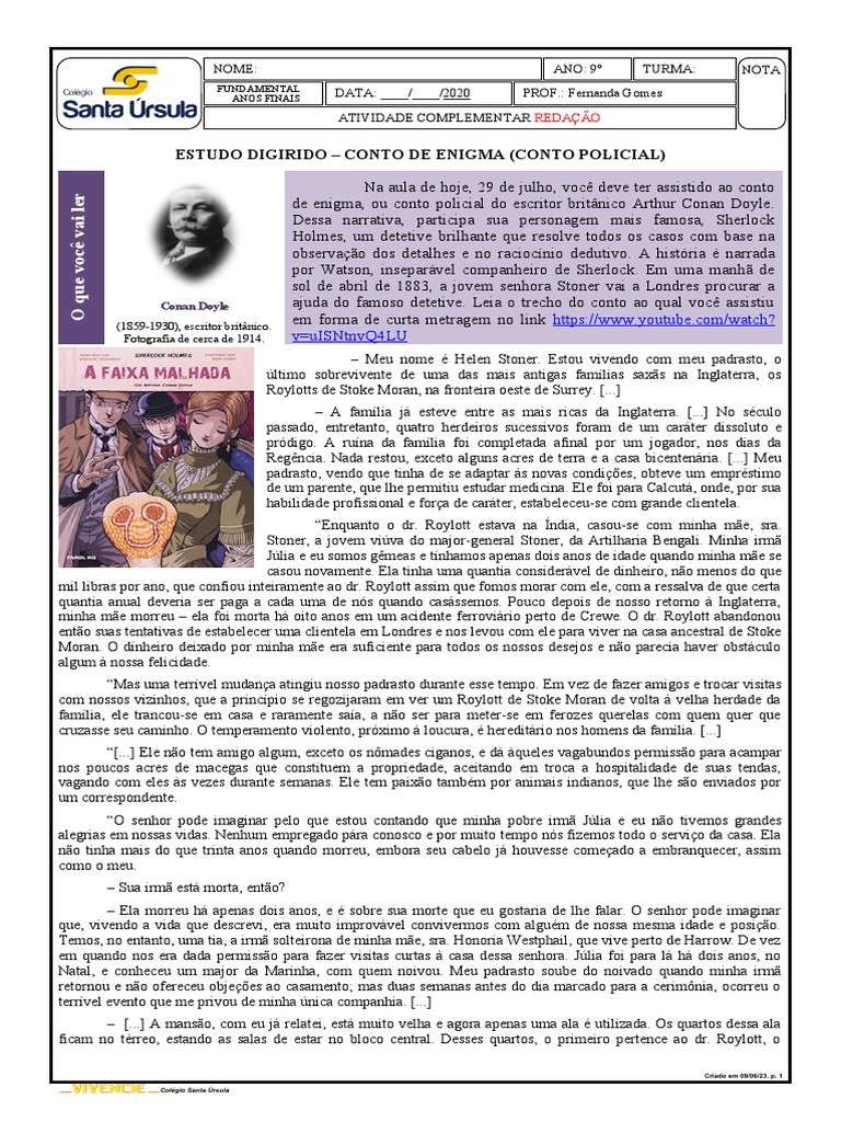 Atividade Complementar - CONTO DE ENIGMA (CONTO POLICIAL) | PDF ...