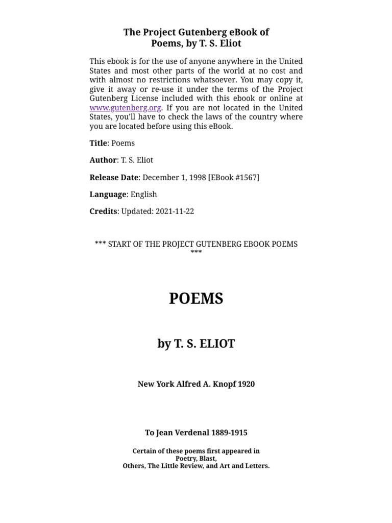 Poems, by T. S. Eliot | PDF | Project Gutenberg | Copyright
