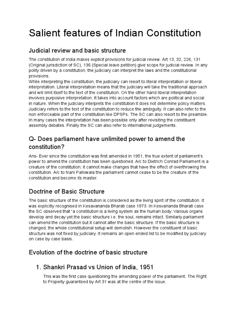 Features of Indian Constitution Class Notes PDF Constitution
