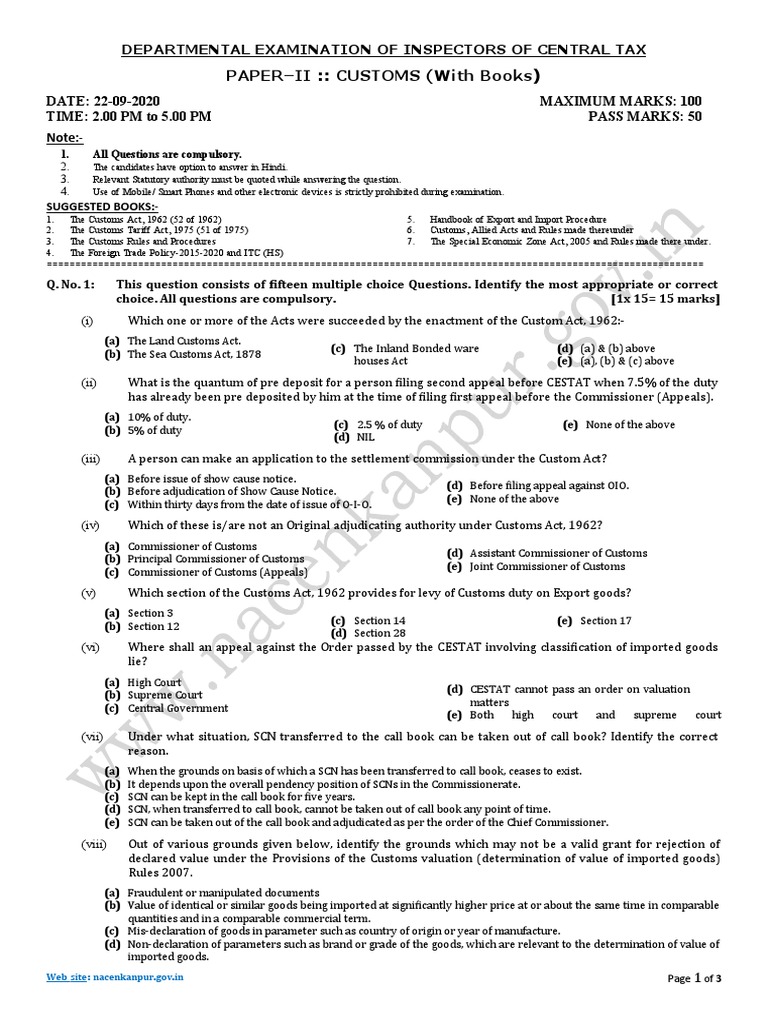 Customs Exam Paper PDF Customs Goods