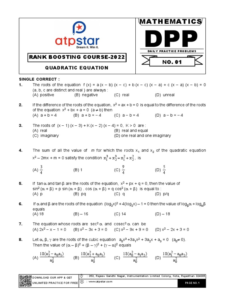 ATP Star DPP Math 2 | PDF | Quadratic Equation | Abstract Algebra