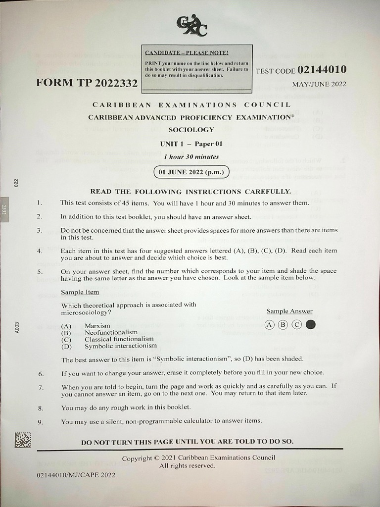 Paper 1 2022 cape sociology unit 1 pdf