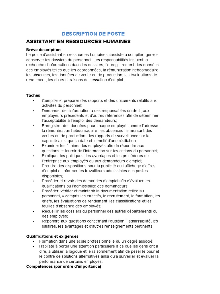 Fiche de poste : Assistant RH | PDF | Gestion des ressources humaines ...