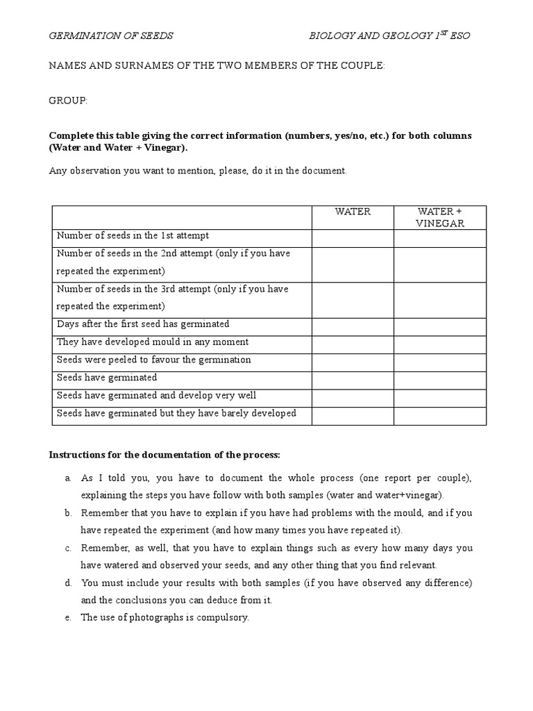 Seeds germination sheet PDF