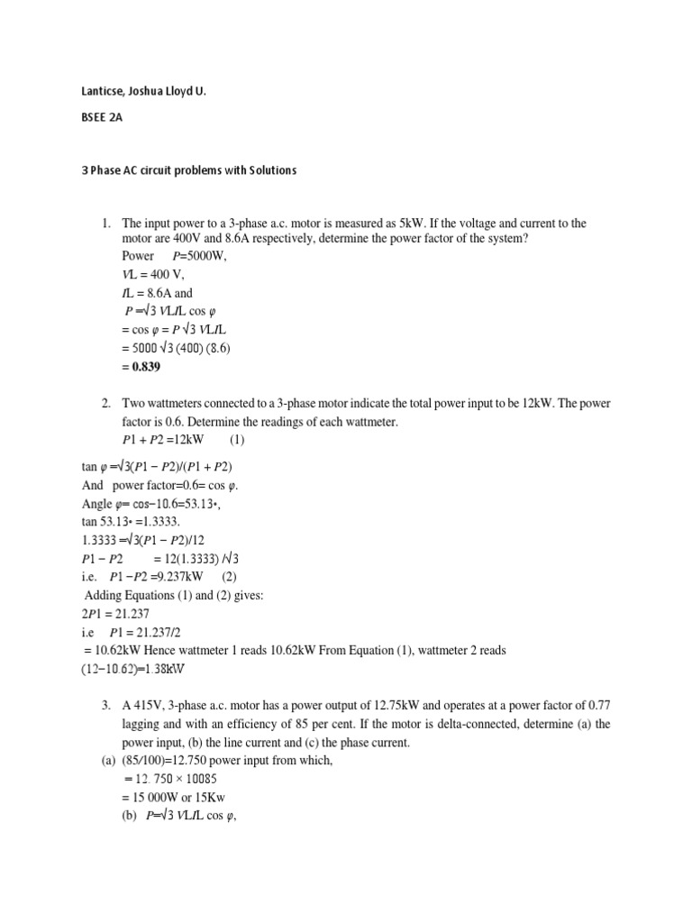 3 Phase Ac Problems With Solution PDF Electrical Impedance