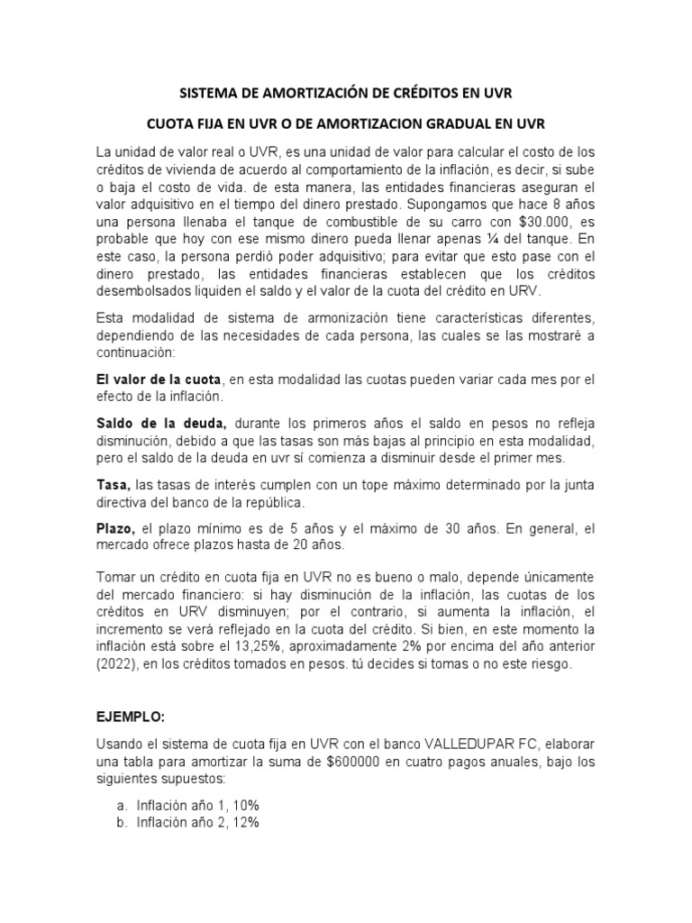 Cuota Fija en Uvr | PDF | Inflación | Crédito