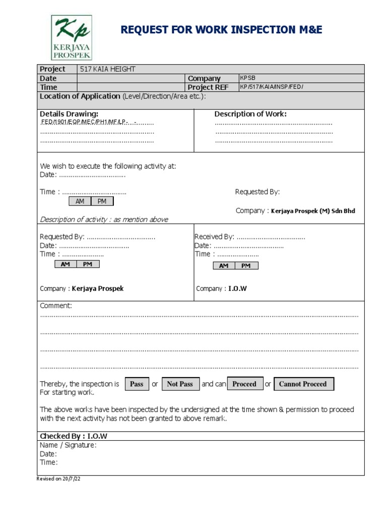 M&E Work Inspection Request Template | PDF | Home & Garden | Technology ...