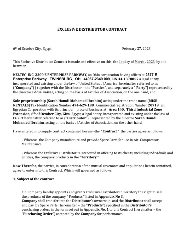 Exclusive Distributor Contract | PDF